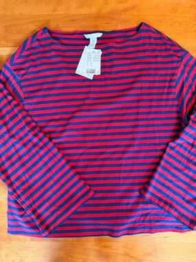 H&M Red and Navy Striped Crewneck Top